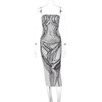 Print contrast backless tube midi dress