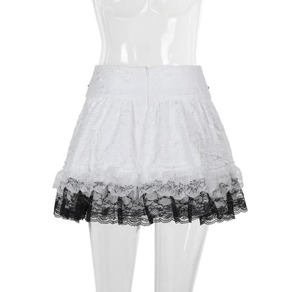 Lace up metal chain lace hem mini skirt