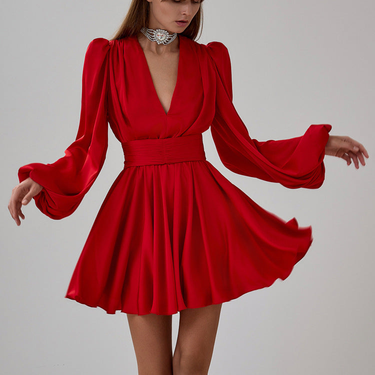 Deep V-Neck Puff Sleeve Ruched Waist Satin A-Line Mini Dress