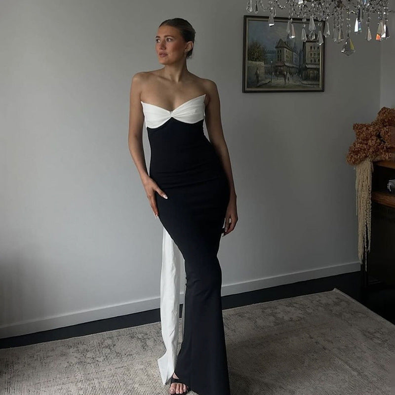 Contrast Twist Front Strapless Bow Back Draped Train Maxi Dress