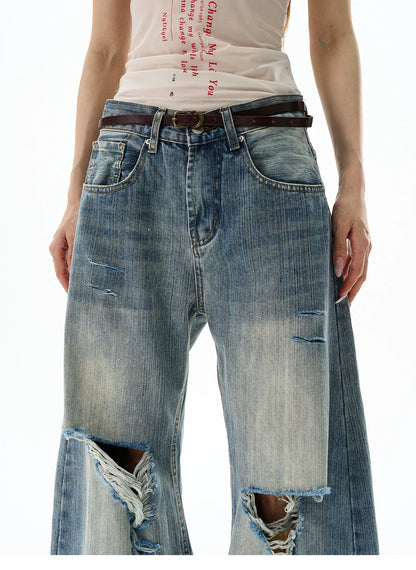 Heavy Knee Distressed Wide Leg Blue Jeans