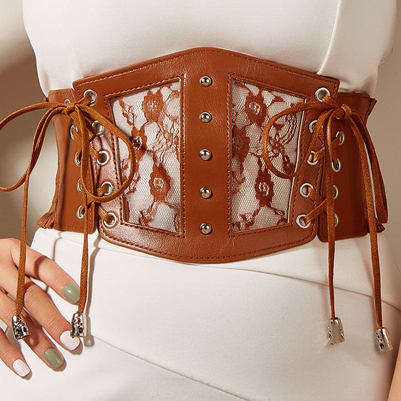 Lace up patchwork PU leather corset