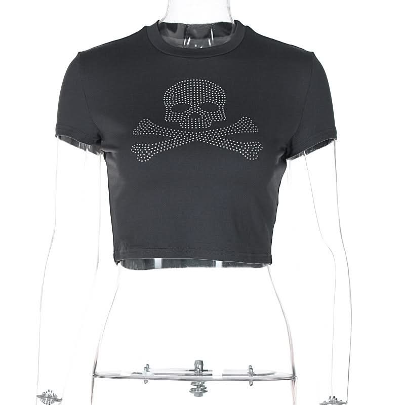 Short sleeve crewneck beaded skull pattern top