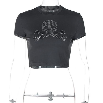 Short sleeve crewneck beaded skull pattern top