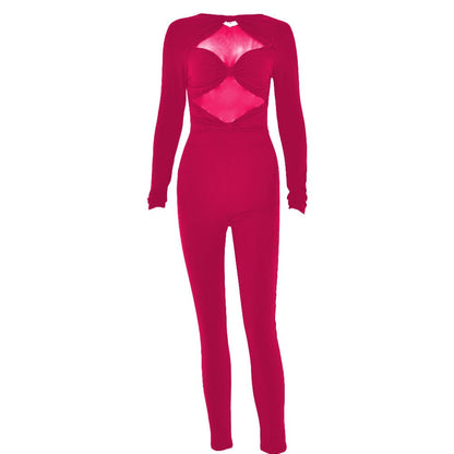 Long sleeve hollow out ruched solid jumpsuit