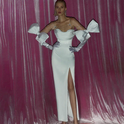 Off-Shoulder Crystal Chain Strap Bow Arm Detail Thigh Slit Column Gown
