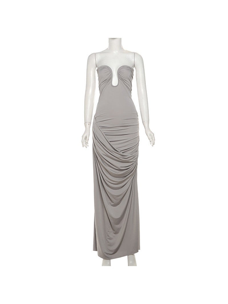 Deep Neck Tube Top Backless Pleating Formal Dress