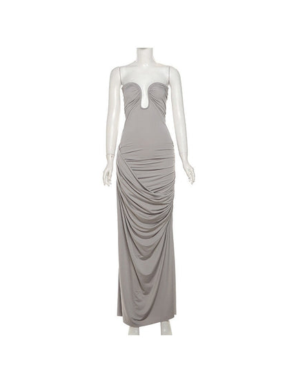 Deep Neck Tube Top Backless Pleating Formal Dress