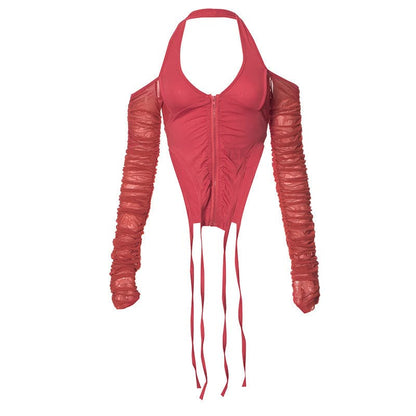 Halter long sleeve off shoulder zip-up ruched top