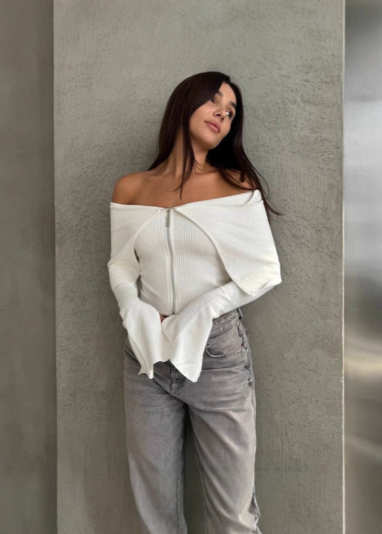 Off-Shoulder Zip-Up Ribbed Top