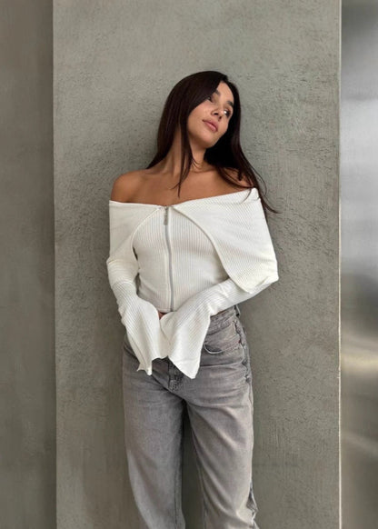 Off-Shoulder Zip-Up Ribbed Top