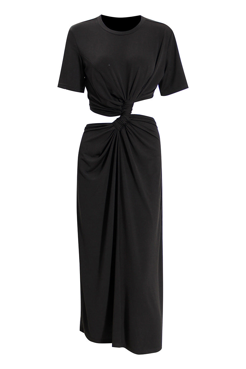 Round Neck Short Sleeve Twist Front Waist Cut Out Pleated Midi Dress