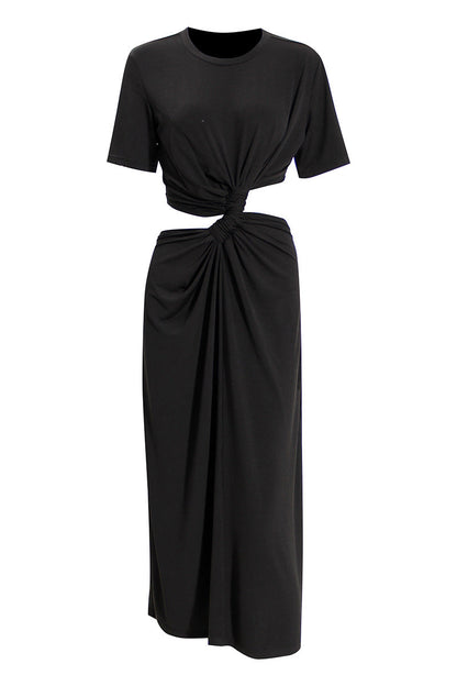 Round Neck Short Sleeve Twist Front Waist Cut Out Pleated Midi Dress