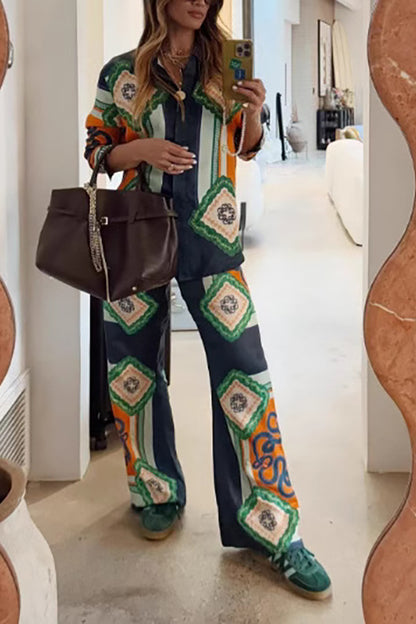 Vacation Times Satin Unique Print Elastic Waist Pocketed Wide Leg Pants