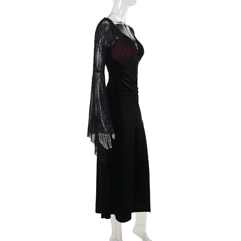 Long flared sleeve spider web slit velvet ruched maxi dress