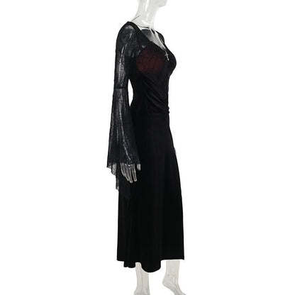 Long flared sleeve spider web slit velvet ruched maxi dress