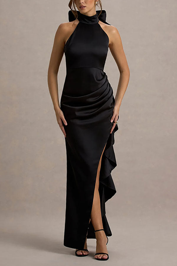 Maureen Satin High Neck Ruched Ruffle Slit Draped Maxi Dress