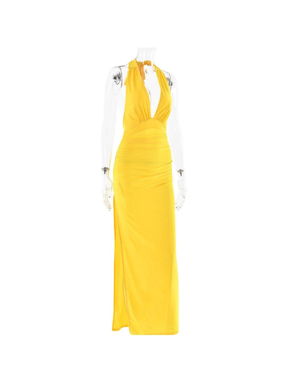 V Halter Neck Backless Split Dress