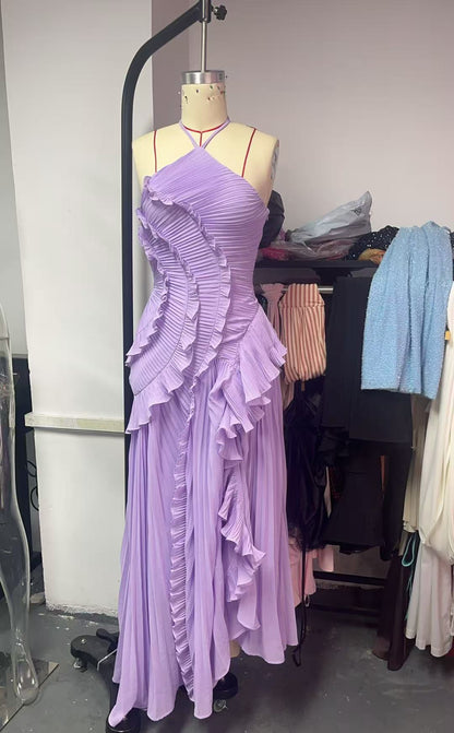 Halter Neck Pleated Maxi Dress High-Quality Purple Vacation Dress
