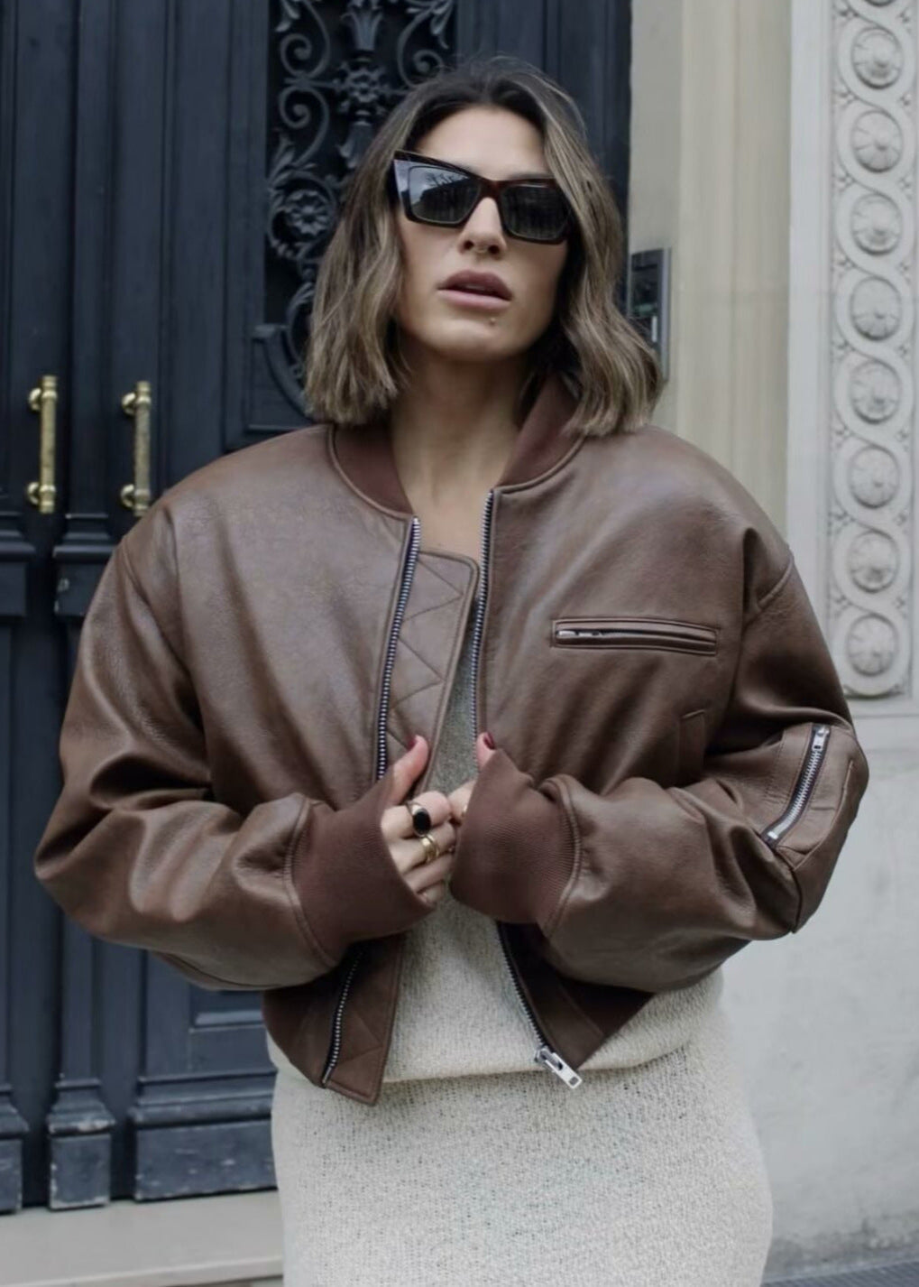 Rhea - Cropped Faux Leather Bomber Jacket