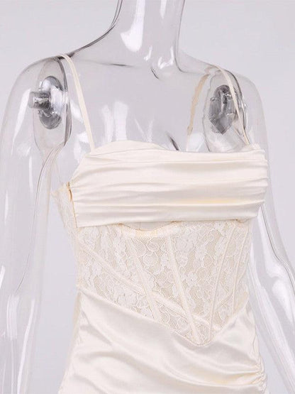 Satin Boning Corset Pleated High Slit Dress