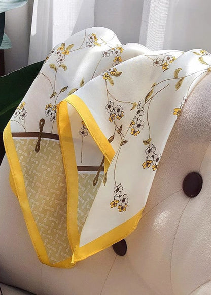 Golden Petal - Satin Square Scarf with Yellow Floral Border