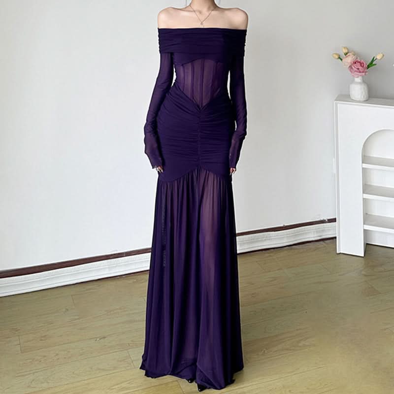 Long sleeve off shoulder mesh corset maxi dress