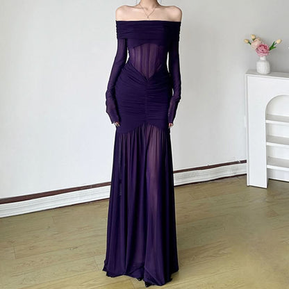 Long sleeve off shoulder mesh corset maxi dress