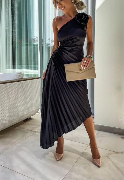 Romantic Nights Satin Raised Flower Elastic Cutout One Shoulder Pleated Maxi Dress