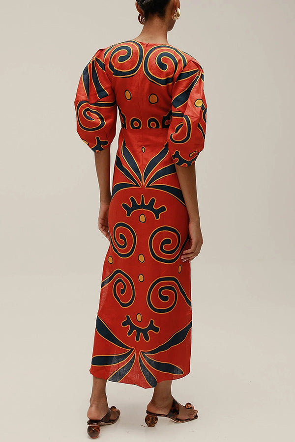 Kaya Linen Blend Color Block Print Front Cutout Knot Puff Sleeve Maxi Dress
