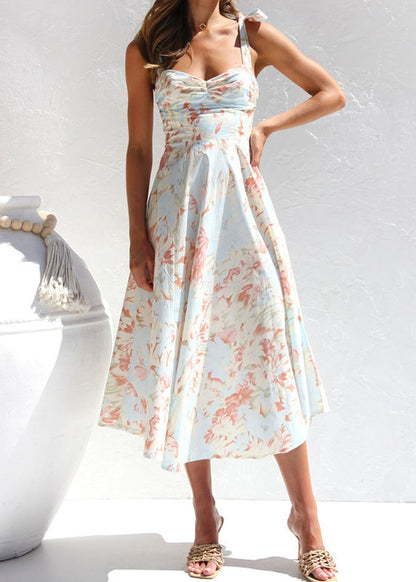 Aquarelle Dress – Soft Blue Floral Tie-Shoulder Midi