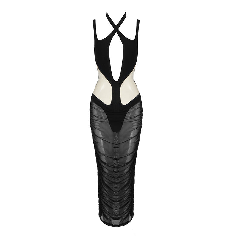 Deep V Cutout Bodycon Mini Dress Ruched Mesh Overlay Midi Dress