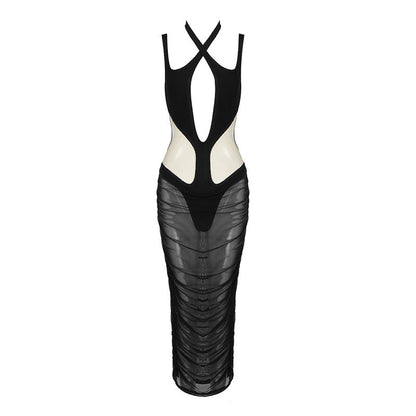 Deep V Cutout Bodycon Mini Dress Ruched Mesh Overlay Midi Dress