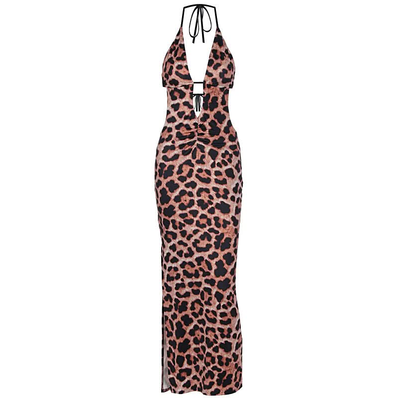Leopard print hollow out self tie halter slit cut out maxi dress