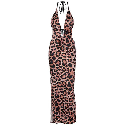 Leopard print hollow out self tie halter slit cut out maxi dress
