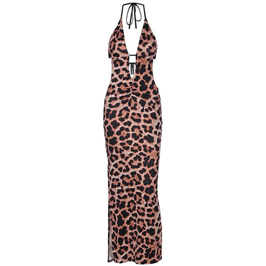 Leopard print hollow out self tie halter slit cut out maxi dress