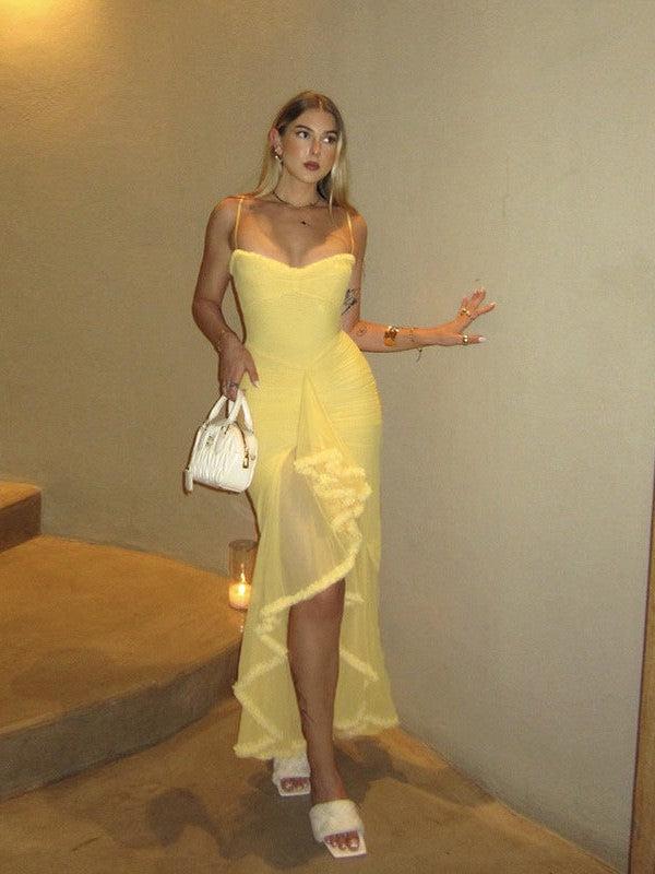 Asmi Spaghetti Strap Ruched Ruffle Dress