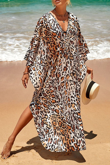 Simple Unique Printed Pleated Front Slit Cover Up