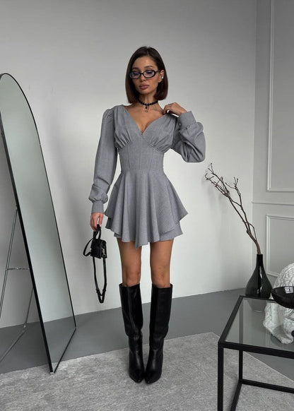 Structured V-Neck Flare Mini Dress