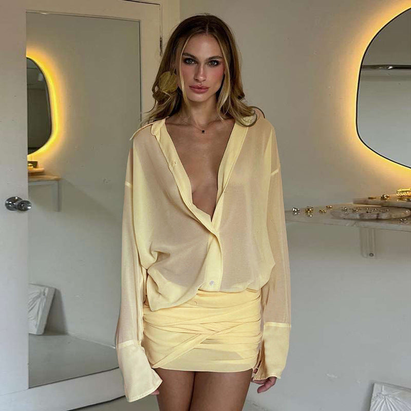 Sheer Oversized Button-Down Shirt and Ruched Draped Mini Skirt Set