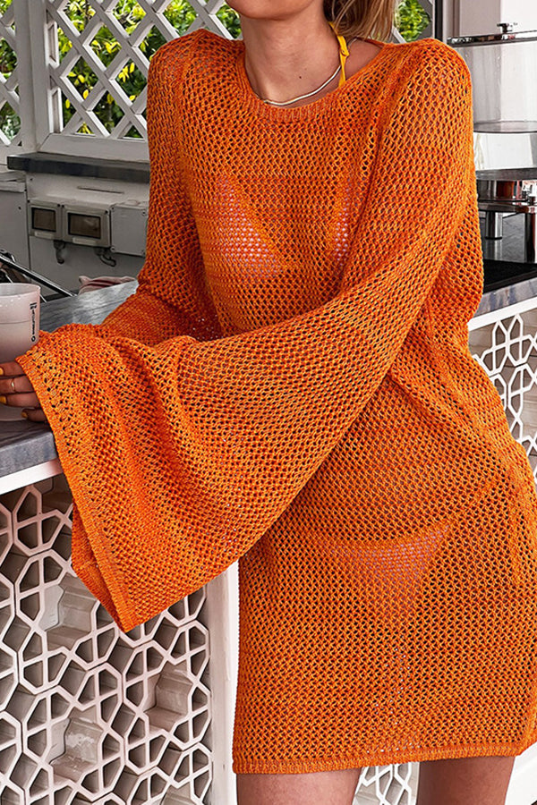 Knitted Dolman Sleeves Cutout Crew Neck Tie Backless Cover Up