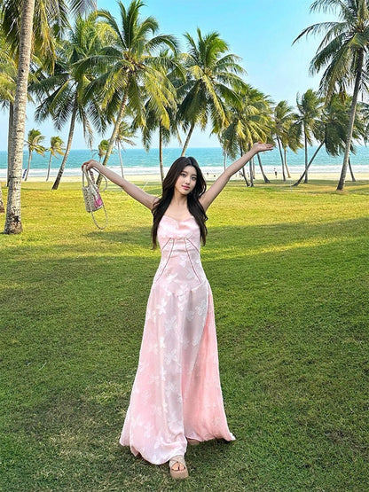 Pink Floral Jacquard Slip Dress Sexy Sheer Summer Holiday Dress