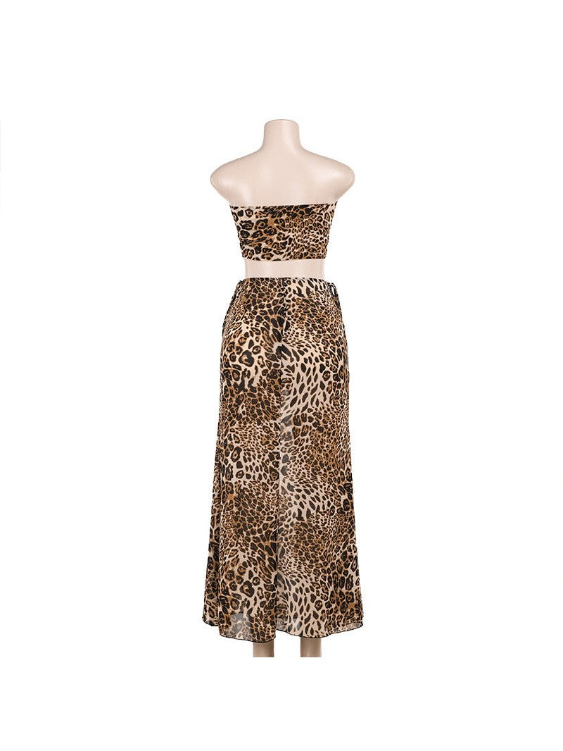 Leopard Print Tube Top Mid Length Skirt Coord Set