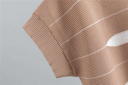Khaki – Casual Striped Short-Sleeve Two Piece Set