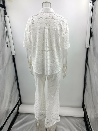 Holiday Crochet Flowers Lace Short Sleeve Shirt and Elastic Waist Wide Leg Pants Set
