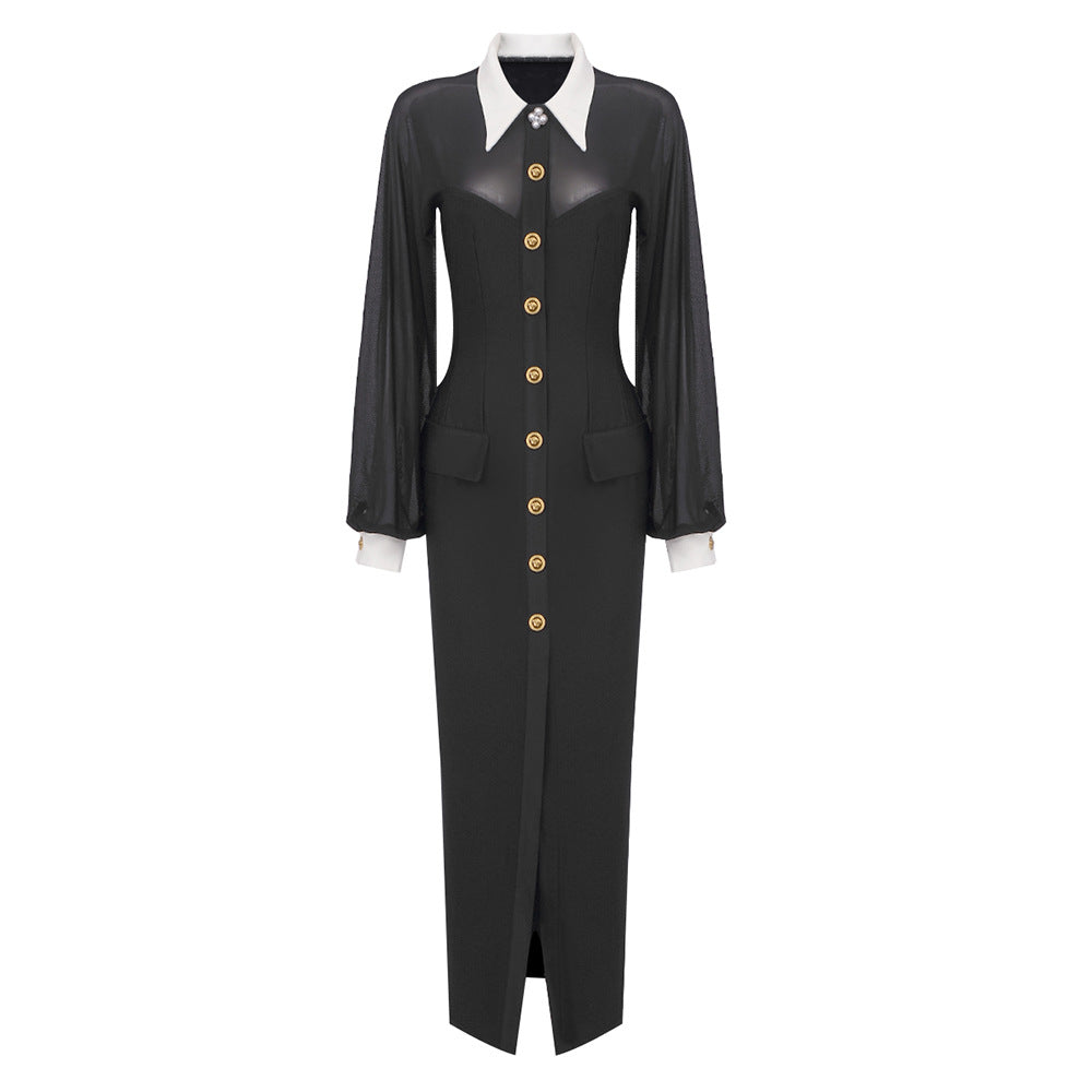 Mesh Puff Sleeve Pointed Collar Button Front High Slit Maxi Dress