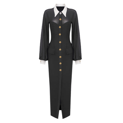 Mesh Puff Sleeve Pointed Collar Button Front High Slit Maxi Dress