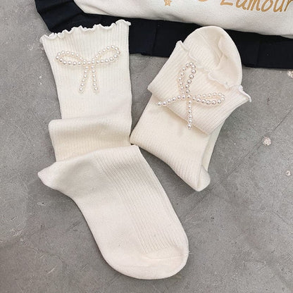 Ruffle faux pearl bowknot long socks