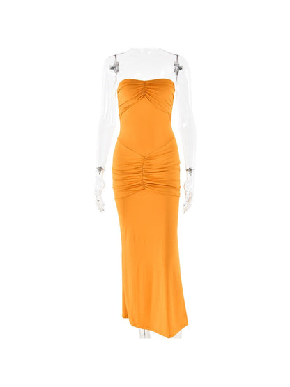 Sheath Tube Top Pleated Evening Dress