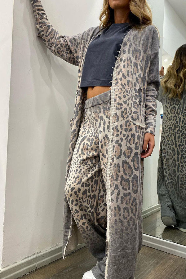 Comfort first Leopard Print Pocket Long Sleeve Cardigan Elastic Waist Pants Set